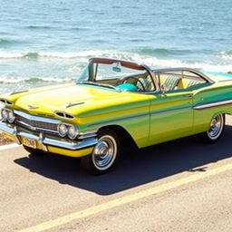 A striking Chevrolet Veraneio V8 from 1960, presented in a bright, eye-catching color such as turquoise or yellow, capturing the bold design features of the era