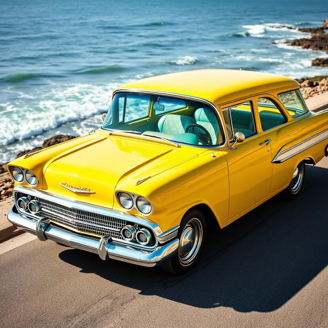 A striking Chevrolet Veraneio V8 from 1960, presented in a bright, eye-catching color such as turquoise or yellow, capturing the bold design features of the era