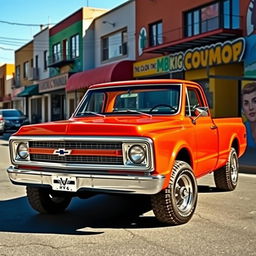 A vibrant Chevrolet Veraneio V8 from 1970, depicted in a bold color such as bright orange or deep red, accentuating its rugged and muscular design