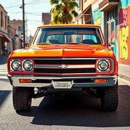 A vibrant Chevrolet Veraneio V8 from 1970, depicted in a bold color such as bright orange or deep red, accentuating its rugged and muscular design