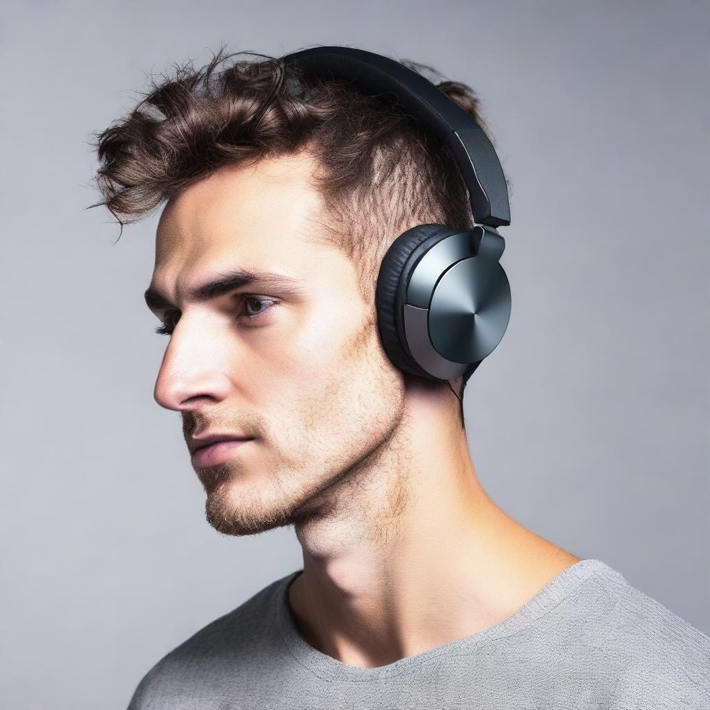 An everyday man with a twist—donned in what first appears to be conventional headphones