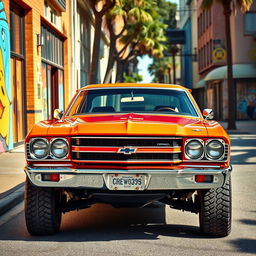 A vibrant Chevrolet Veraneio V8 from 1970, depicted in a bold color such as bright orange or deep red, accentuating its rugged and muscular design