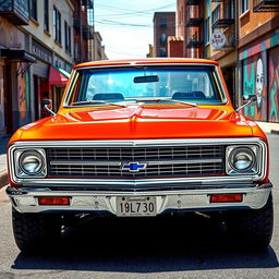 A vibrant Chevrolet Veraneio V8 from 1970, depicted in a bold color such as bright orange or deep red, accentuating its rugged and muscular design
