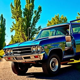 A stunning Chevrolet Veraneio V8 from 1970, displayed in a bold color like electric blue or fiery red, highlighting its muscular and rugged design