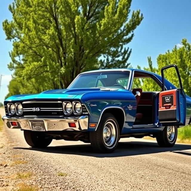 A stunning Chevrolet Veraneio V8 from 1970, displayed in a bold color like electric blue or fiery red, highlighting its muscular and rugged design