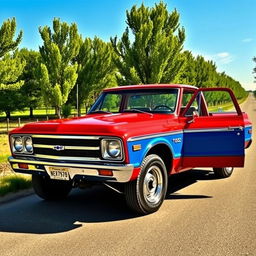 A stunning Chevrolet Veraneio V8 from 1970, displayed in a bold color like electric blue or fiery red, highlighting its muscular and rugged design