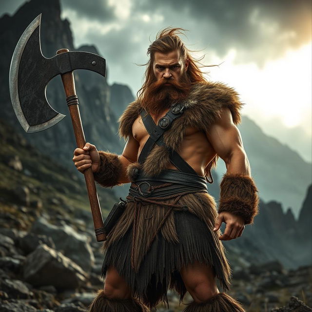 A fierce barbarian man standing in a rugged, wild landscape, wearing animal skins and wielding a massive battle axe