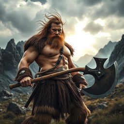 A fierce barbarian man standing in a rugged, wild landscape, wearing animal skins and wielding a massive battle axe