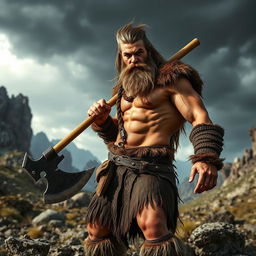 A fierce barbarian man standing in a rugged, wild landscape, wearing animal skins and wielding a massive battle axe