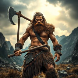 A fierce barbarian man standing in a rugged, wild landscape, wearing animal skins and wielding a massive battle axe