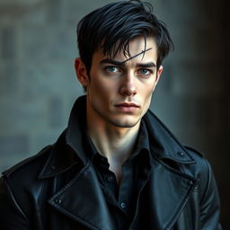 A 25-year-old man with defined cheekbones, a strong jawline, and intense steel gray eyes that seem to look deeply into the essence of those in front of him