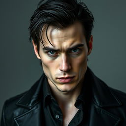 A 25-year-old man with defined cheekbones, a strong jawline, and intense steel gray eyes that seem to look deeply into the essence of those in front of him