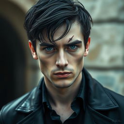 A 25-year-old man with defined cheekbones, a strong jawline, and intense steel gray eyes that seem to look deeply into the essence of those in front of him
