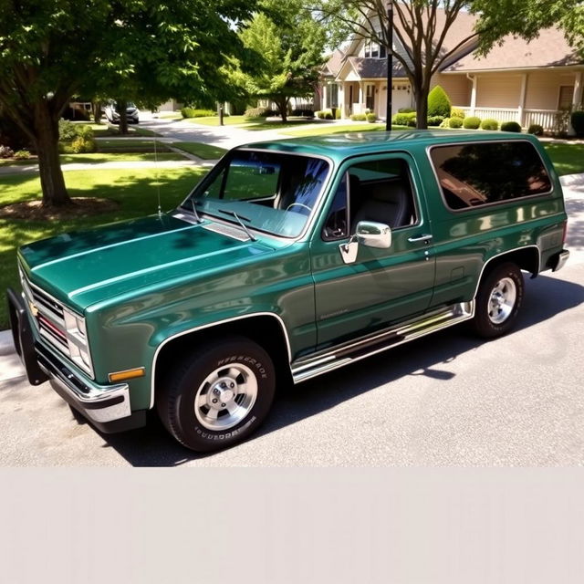 A vibrant Chevrolet Veraneio V8 from 1990, depicted in a sleek color like forest green or metallic silver, showcasing the vehicle’s distinctive, boxy style that reflects the automotive design of the late 80s and early 90s