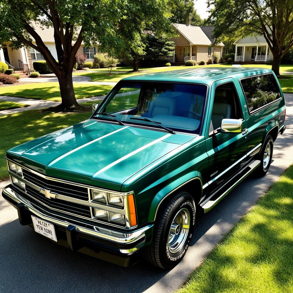 A vibrant Chevrolet Veraneio V8 from 1990, depicted in a sleek color like forest green or metallic silver, showcasing the vehicle’s distinctive, boxy style that reflects the automotive design of the late 80s and early 90s