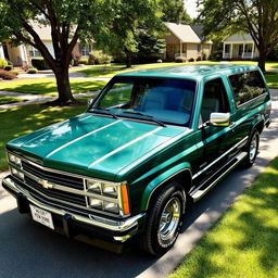 A vibrant Chevrolet Veraneio V8 from 1990, depicted in a sleek color like forest green or metallic silver, showcasing the vehicle’s distinctive, boxy style that reflects the automotive design of the late 80s and early 90s