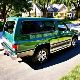 A vibrant Chevrolet Veraneio V8 from 1990, depicted in a sleek color like forest green or metallic silver, showcasing the vehicle’s distinctive, boxy style that reflects the automotive design of the late 80s and early 90s