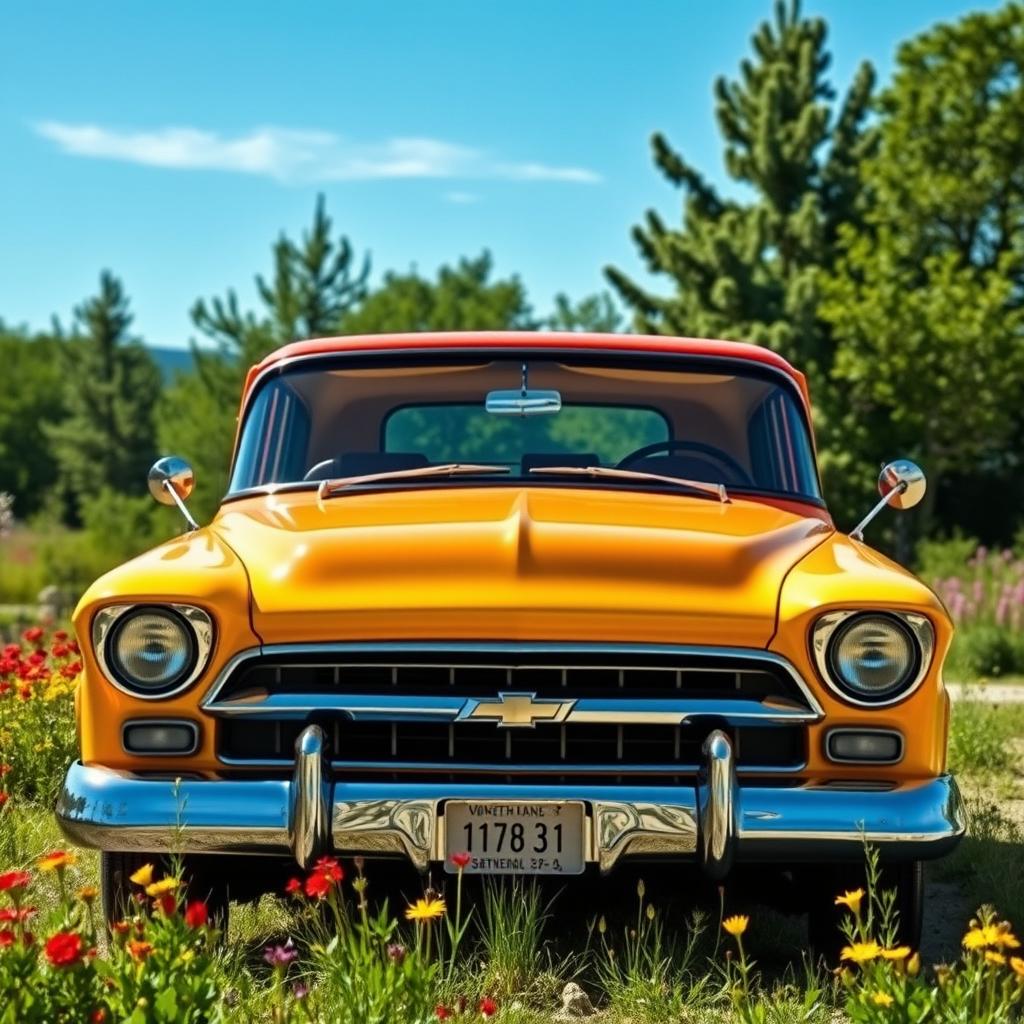 A classic Chevrolet Veraneio V8, featuring a vintage design reminiscent of the 1970s or 1980s, showcased in an eye-catching color like cherry red or sunny yellow