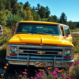A classic Chevrolet Veraneio V8, featuring a vintage design reminiscent of the 1970s or 1980s, showcased in an eye-catching color like cherry red or sunny yellow