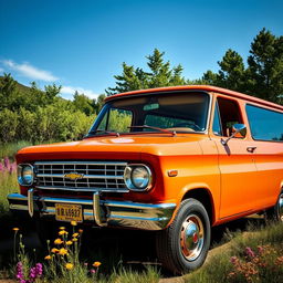 A classic Chevrolet Veraneio V8, featuring a vintage design reminiscent of the 1970s or 1980s, showcased in an eye-catching color like cherry red or sunny yellow