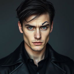 A 25-year-old man with defined cheekbones, a strong jawline, and intense steel gray eyes that seem to peer deeply into the soul of anyone in front of him