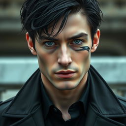 A 25-year-old man with defined cheekbones, a strong jawline, and intense steel gray eyes that seem to peer deeply into the soul of anyone in front of him