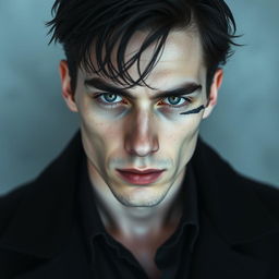 A 25-year-old man with defined cheekbones, a strong jawline, and intense steel gray eyes that seem to peer deeply into the soul of anyone in front of him