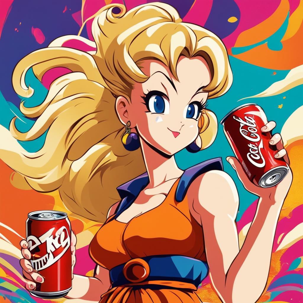 Retro Dragonball-style anime girl with flowing hair and athletic physique holds a detailed coke can against a dynamic, colorful background