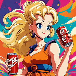 Retro Dragonball-style anime girl with flowing hair and athletic physique holds a detailed coke can against a dynamic, colorful background