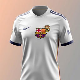 A close-up view of a soccer jersey featuring the iconic Barcelona design but using the colors of Real Madrid, which include white, navy blue, and gold
