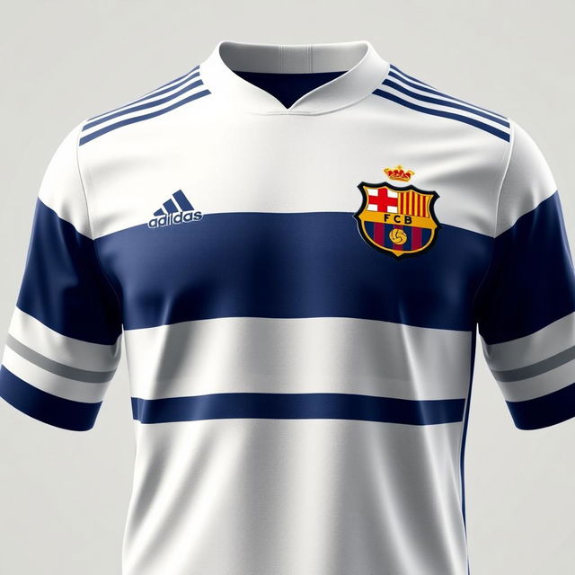 A close-up view of a soccer jersey featuring the iconic Barcelona design but using the colors of Real Madrid, which include white, navy blue, and gold