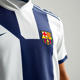 A close-up view of a soccer jersey featuring the iconic Barcelona design but using the colors of Real Madrid, which include white, navy blue, and gold