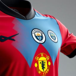 A detailed close-up view of a soccer jersey that blends the classic Manchester City design with the colors of Manchester United