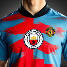 A detailed close-up view of a soccer jersey that blends the classic Manchester City design with the colors of Manchester United