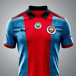 A detailed close-up view of a soccer jersey that blends the classic Manchester City design with the colors of Manchester United