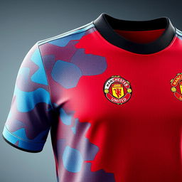 A detailed close-up view of a soccer jersey that blends the classic Manchester City design with the colors of Manchester United