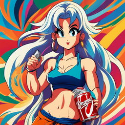 Retro Dragonball-style anime girl with flowing hair and athletic physique holds a detailed coke can against a dynamic, colorful background