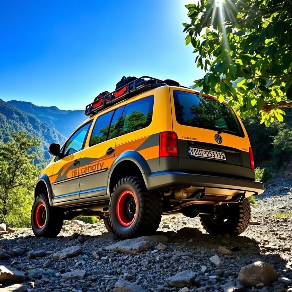 A rugged VolksWagen Caddy designed for off-road adventures, showcasing its sturdy build and elevated suspension
