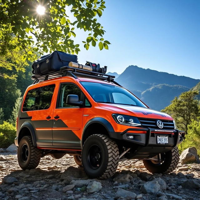 A rugged VolksWagen Caddy designed for off-road adventures, showcasing its sturdy build and elevated suspension