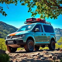 A rugged VolksWagen Caddy designed for off-road adventures, showcasing its sturdy build and elevated suspension