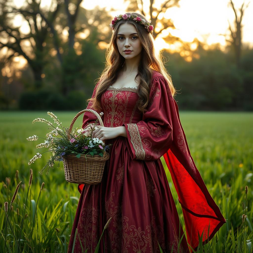 A beautiful medieval lady standing elegantly in a lush green meadow, adorned in a flowing gown made of richly colored brocade featuring intricate gold embroidery