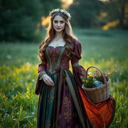 A beautiful medieval lady standing elegantly in a lush green meadow, adorned in a flowing gown made of richly colored brocade featuring intricate gold embroidery