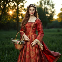 A beautiful medieval lady standing elegantly in a lush green meadow, adorned in a flowing gown made of richly colored brocade featuring intricate gold embroidery