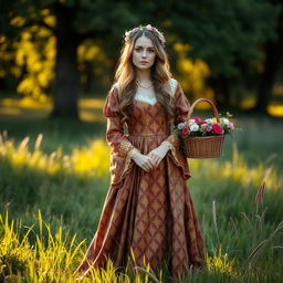 A beautiful medieval lady standing elegantly in a lush green meadow, adorned in a flowing gown made of richly colored brocade featuring intricate gold embroidery