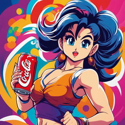 Retro Dragonball-style anime girl with flowing hair and athletic physique holds a detailed coke can against a dynamic, colorful background