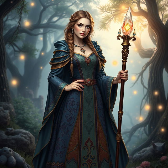 A beautiful medieval lady inspired by Dungeons & Dragons, standing confidently in a charming fantasy landscape