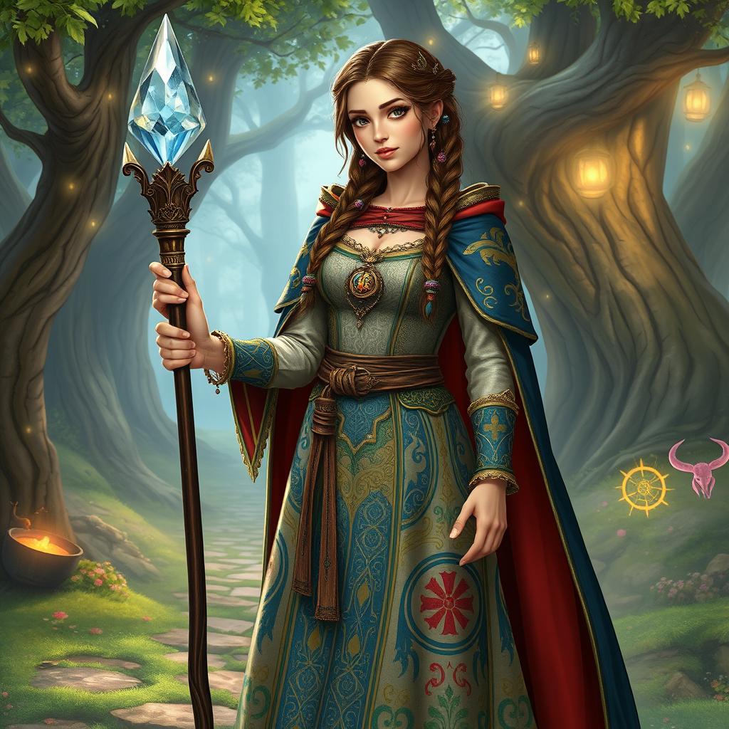 A beautiful medieval lady inspired by Dungeons & Dragons, standing confidently in a charming fantasy landscape