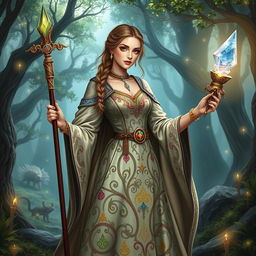A beautiful medieval lady inspired by Dungeons & Dragons, standing confidently in a charming fantasy landscape