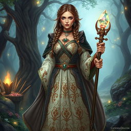A beautiful medieval lady inspired by Dungeons & Dragons, standing confidently in a charming fantasy landscape