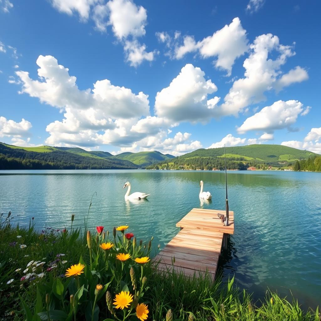 A serene landscape featuring a tranquil lake surrounded by lush green hills under a bright blue sky filled with fluffy white clouds